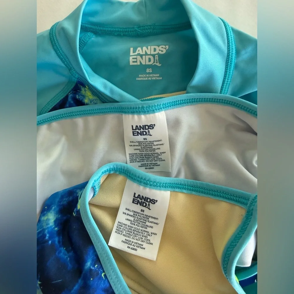 LANDS END Kids Blue & Yellow Tie-Dye Rash Guard Swim 3 Pc Set - 8S